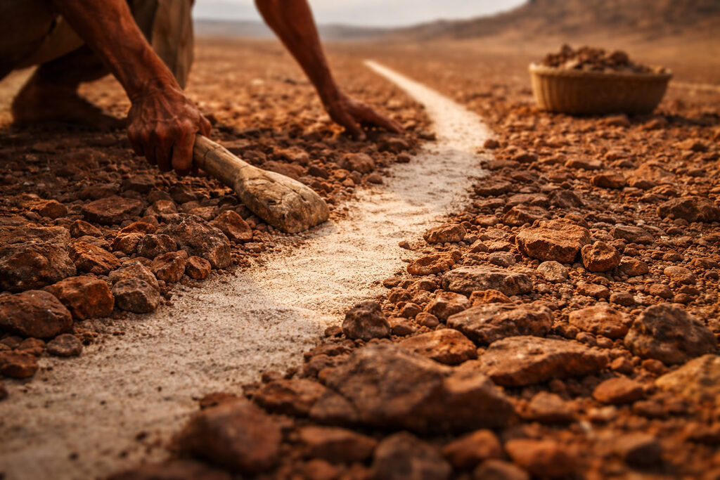 Cận cảnh cách người Nazca tạo hình vẽ bằng cách gạt lớp đá đỏ để lộ lớp cát trắng bên dưới