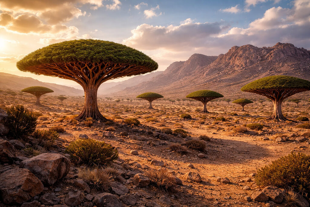 Cảnh quan đảo Socotra với nhiều cây máu rồng mọc trên địa hình khô cằn kỳ lạ