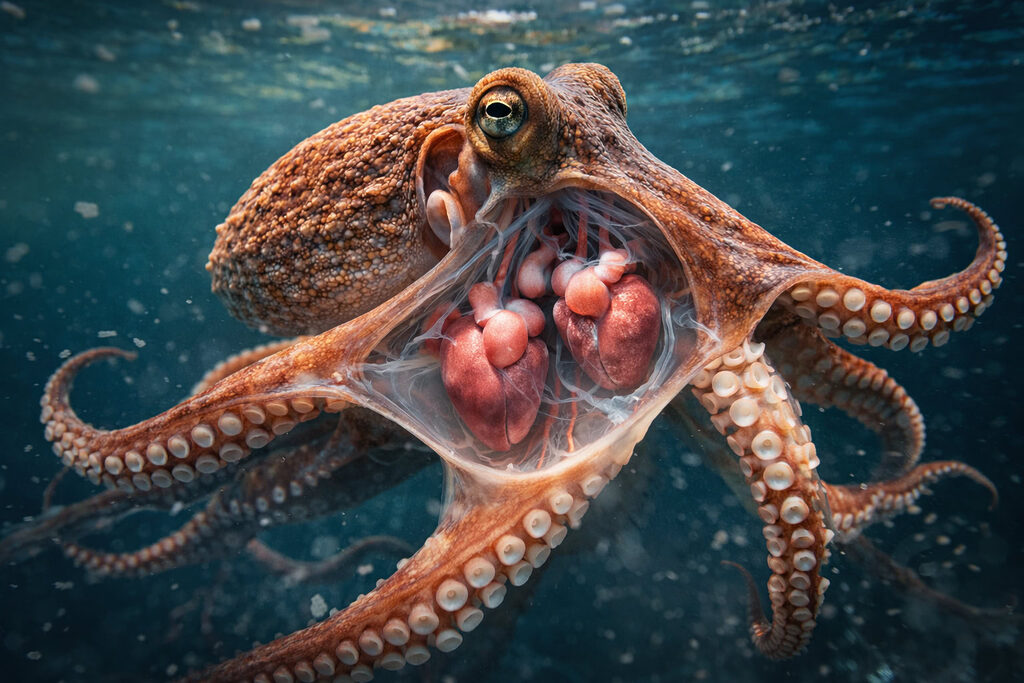 Hình ảnh mô phỏng cấu trúc bên trong cho thấy bạch tuộc có mấy trái tim và vị trí của ba trái tim trong cơ thể