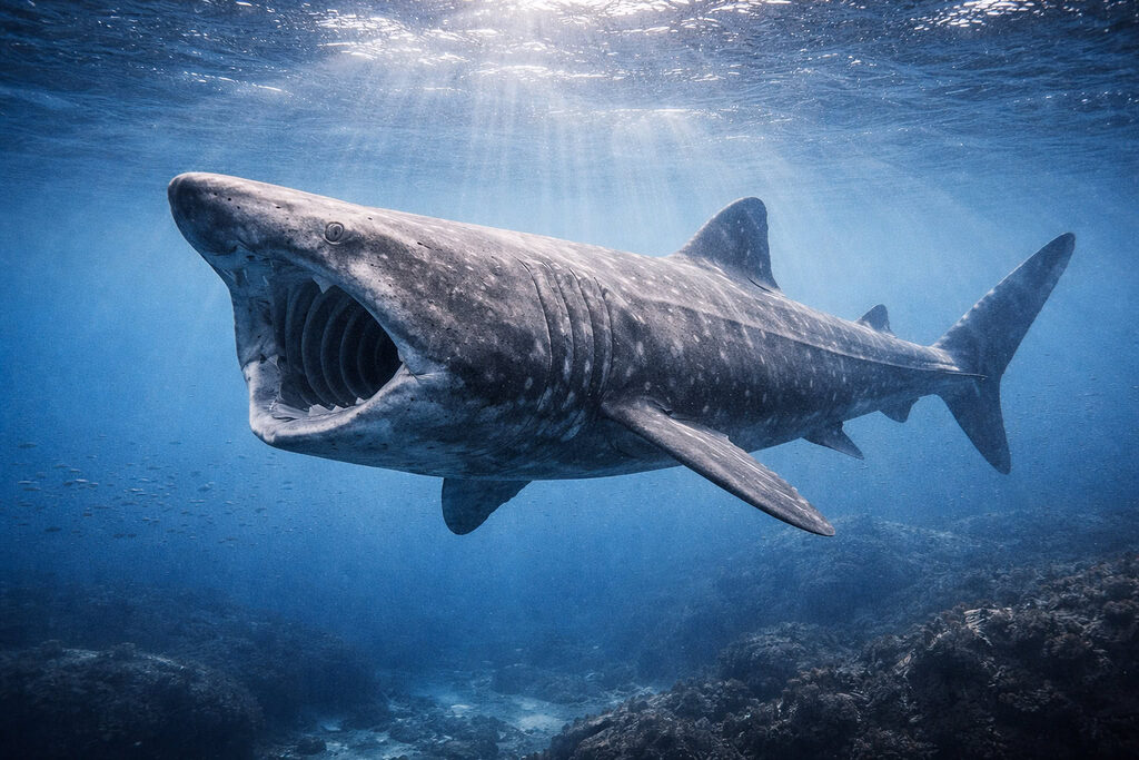 Cá mập phơi nắng mở miệng lớn lọc nước khi bơi dưới đại dương xanh với ánh sáng xuyên qua