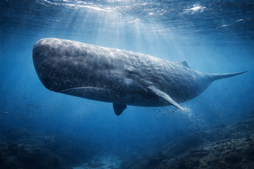 Cá nhà táng khổng lồ với phần đầu lớn đặc trưng đang bơi trong vùng nước sâu dưới ánh sáng mờ