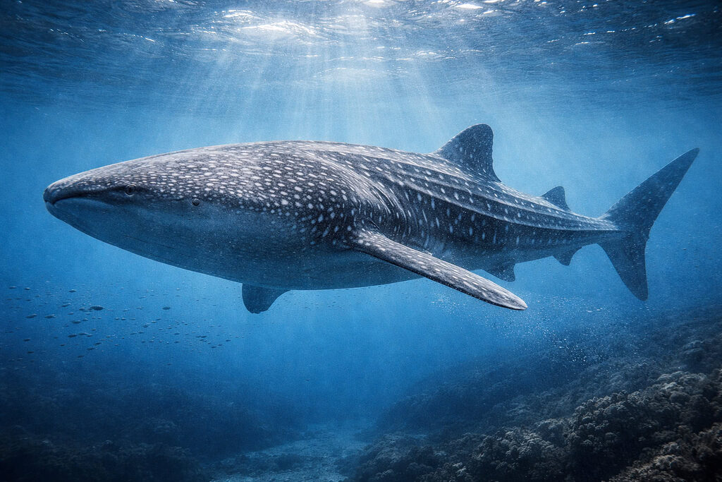Cá nhám voi khổng lồ với hoa văn chấm trắng đặc trưng bơi gần mặt nước đại dương trong ánh sáng tự nhiên