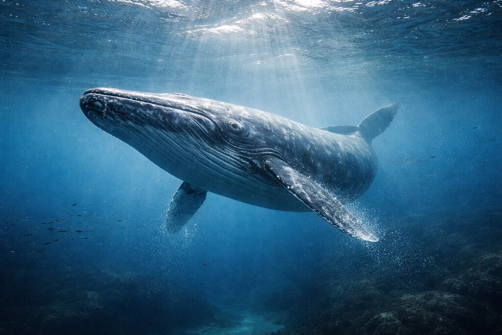 Cá voi xanh khổng lồ bơi dưới đại dương với ánh sáng mặt trời chiếu xuyên qua làn nước xanh sâu thẳm