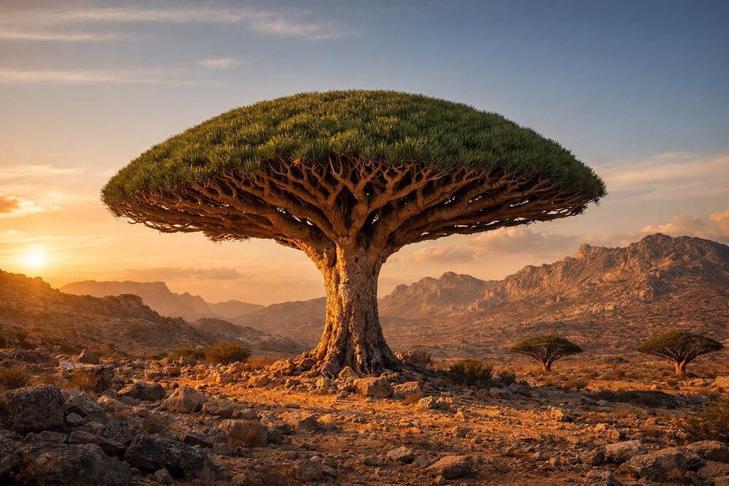 Cây Dragon Blood Tree với tán hình chiếc ô khổng lồ trên đảo Socotra