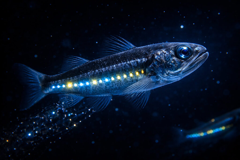 Cá đèn lồng phát sáng với các điểm photophore dọc thân trong vùng biển sâu