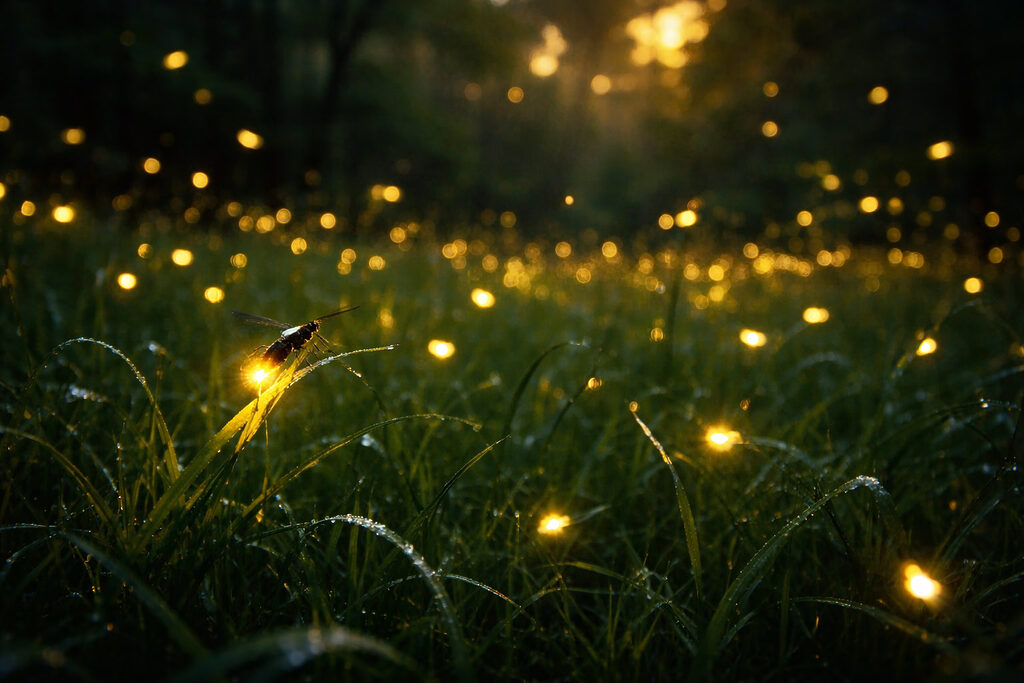 Đom đóm phát sáng trong đêm hè, ánh sáng vàng lấp lánh giữa cỏ và rừng tối