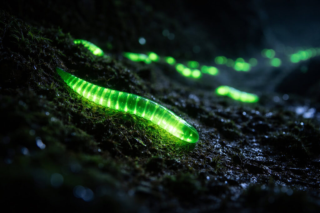 Giun phát sáng trong hang động tối, ánh sáng xanh lam treo lơ lửng như bầu trời sao
