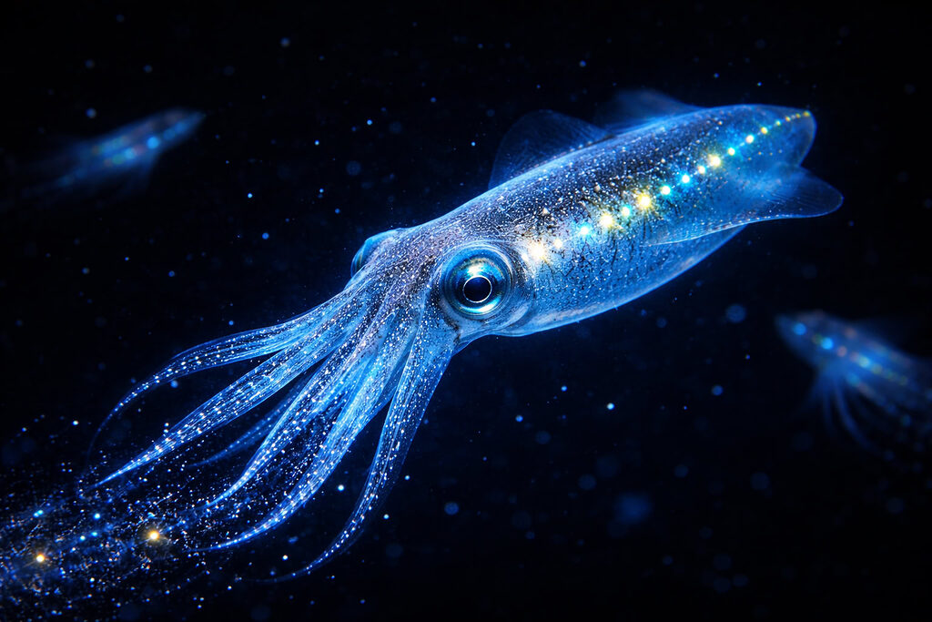 Mực phát sáng xanh rực trong đại dương đêm, cơ thể phát quang sinh học nổi bật
