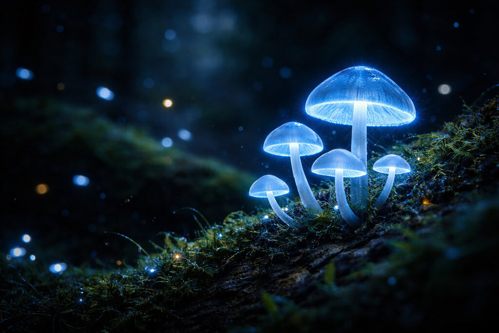 Nấm phát sáng xanh lục trong rừng đêm, hiện tượng bioluminescence kỳ ảo
