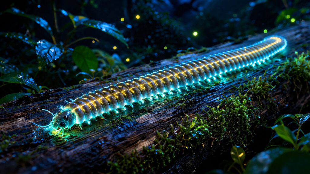 Sâu đường sắt phát sáng xanh và vàng trên thân, sinh vật phát quang sinh học kỳ lạ