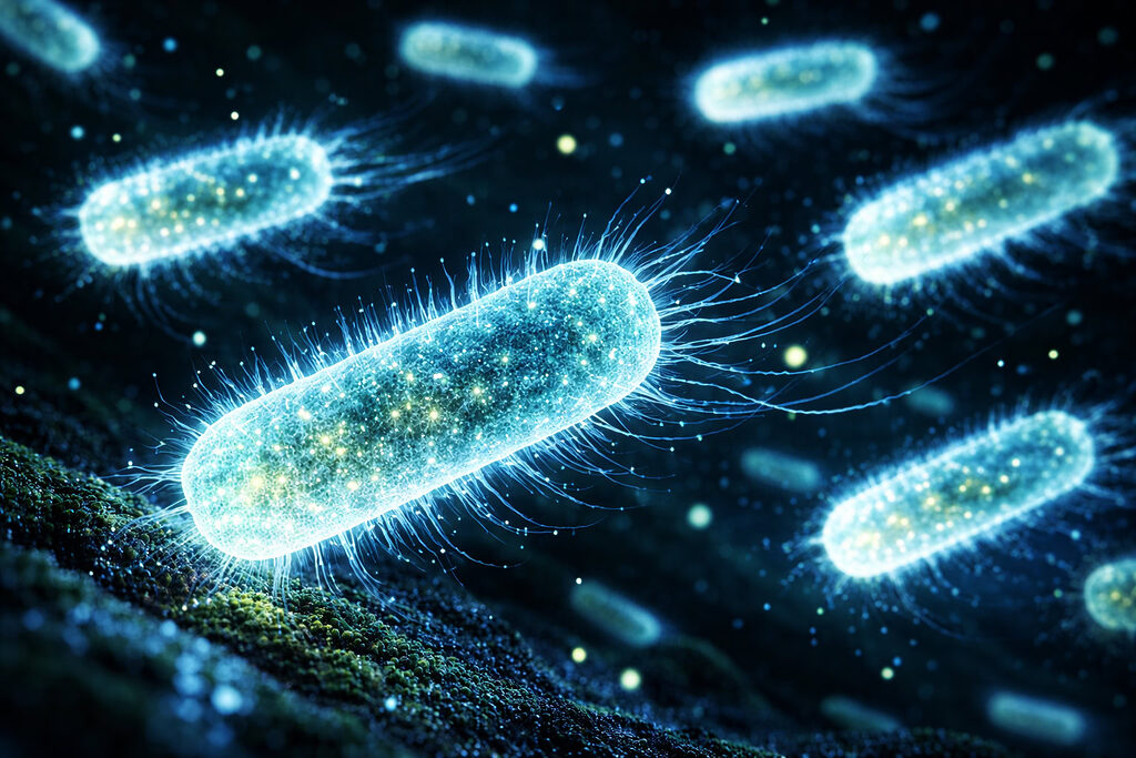 Vi khuẩn phát sáng sinh học dưới kính hiển vi, ánh sáng xanh lam trong môi trường tối