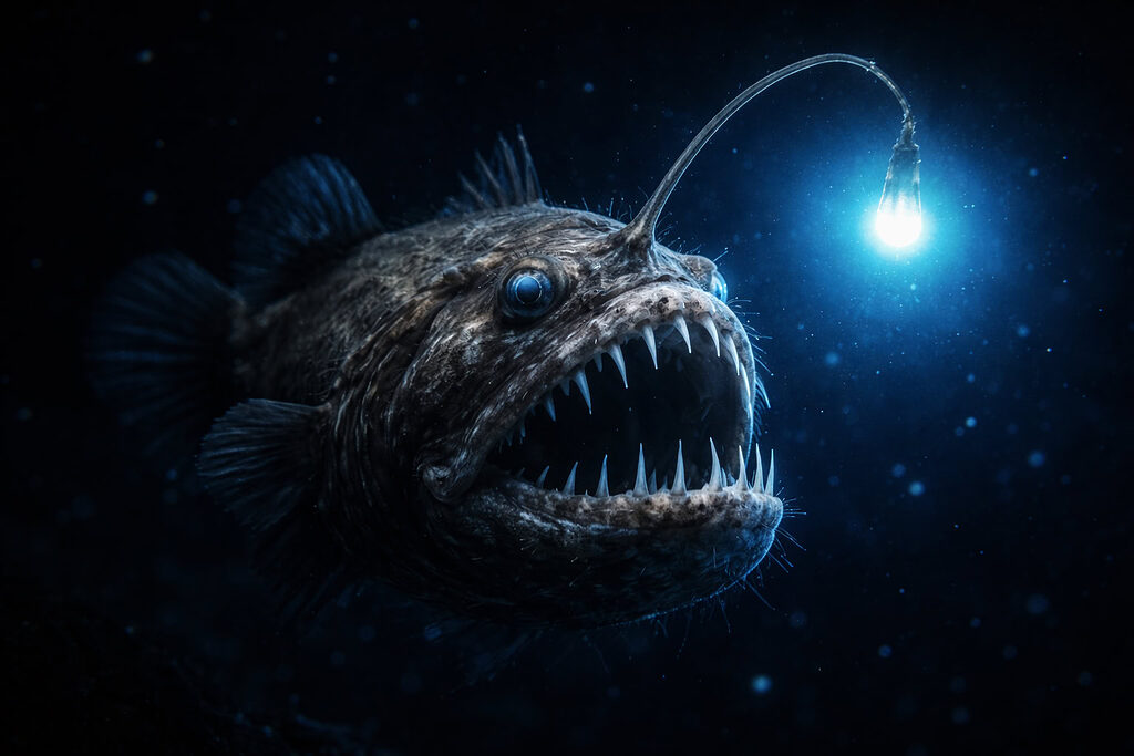 Cá cần câu phát sáng trong đại dương sâu, chiếc đèn lồng sinh học dùng để dụ con mồi trong bóng tối