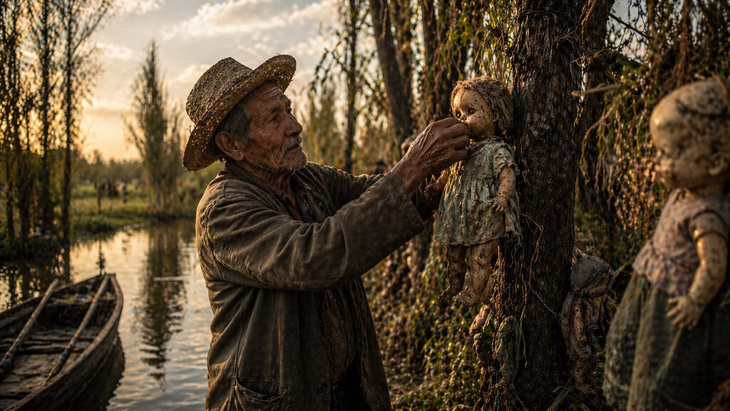 Don Julian treo con búp bê đầu tiên lên cây trên hòn đảo biệt lập ở Xochimilco.