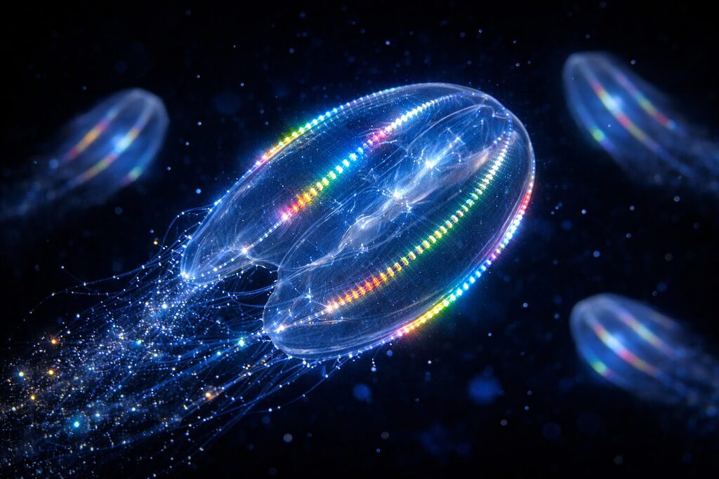 Sứa lược phát sáng với hiệu ứng cầu vồng rực rỡ khi di chuyển trong đại dương tối