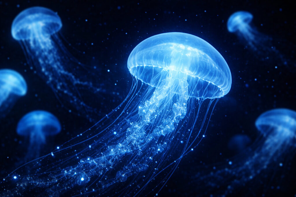 Sứa phát sáng xanh lam trôi trong đại dương tối, hiện tượng phát quang sinh học bioluminescence dưới nước